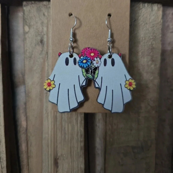 Halloween Ghost Wooden Earrings - Picture 1 of 1